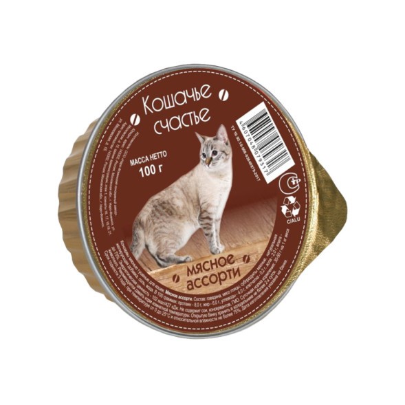 Кошачье счастье корм для кошек мясное ассорти, в ламистерах - 100 г