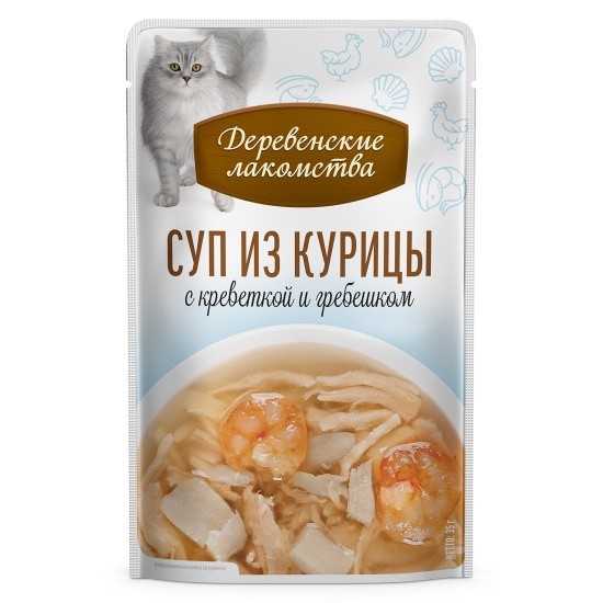 Деревенские лакомства, суп из курицы с креветкой и гребешком, 4х35 г.