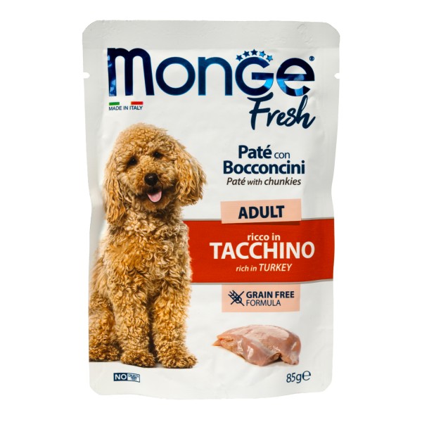 Monge Dog Fresh для взрослых собак, паштет с кусочками индейки, паучи 85 г